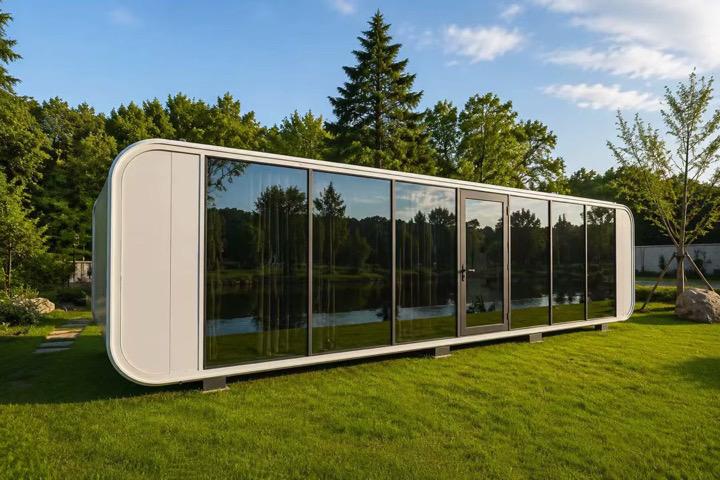 Domicina modular building with full glass elevation set among trees on a lawn