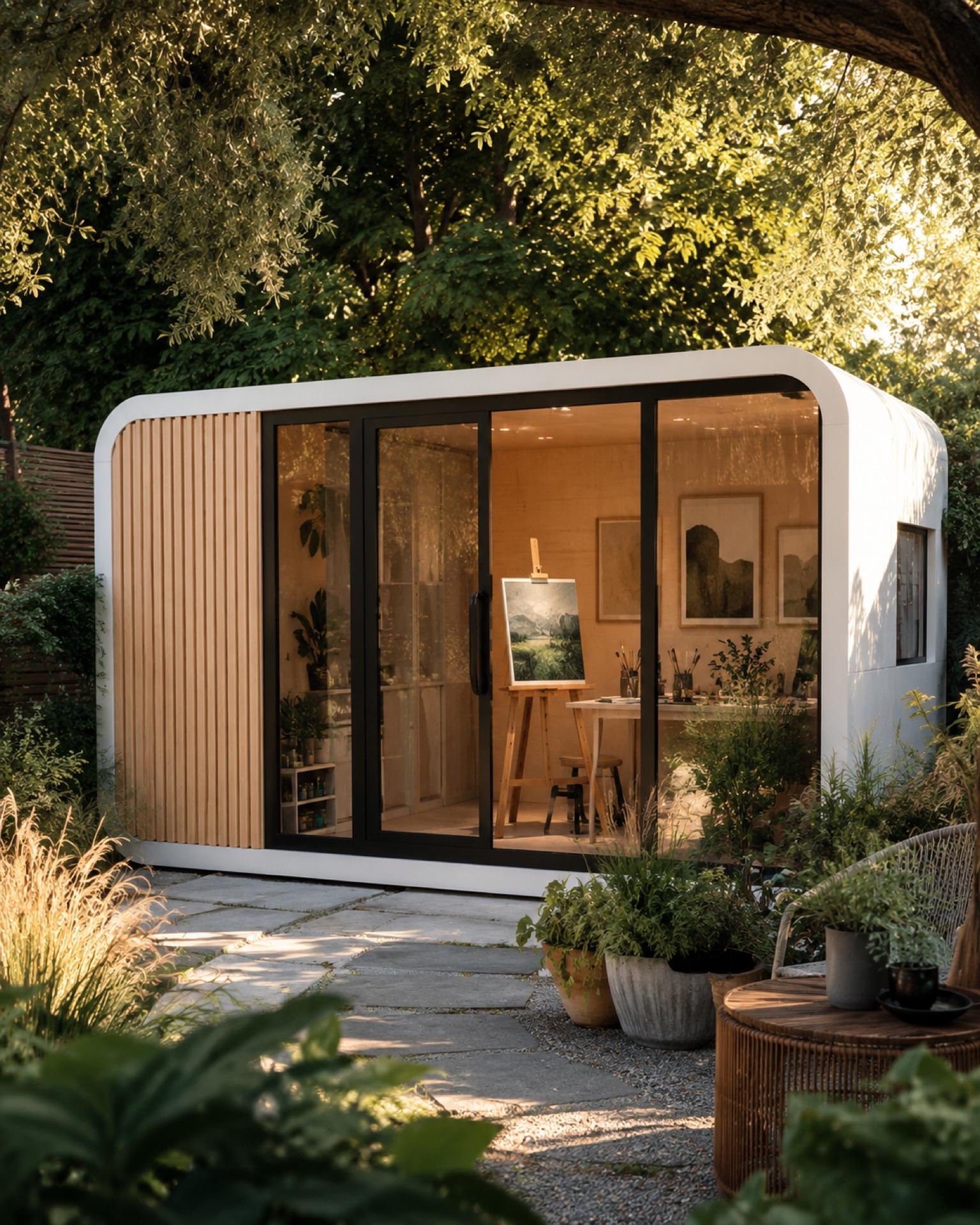 Domicina prefab studio in a garden setting with easel and art supplies visible inside
