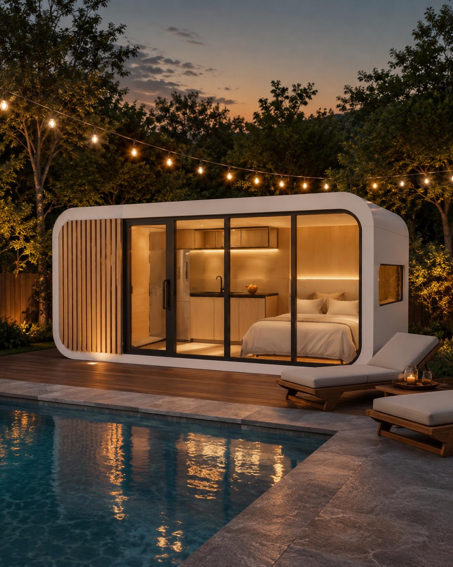 Domicina modular guest space at dusk beside a pool with warm interior lighting