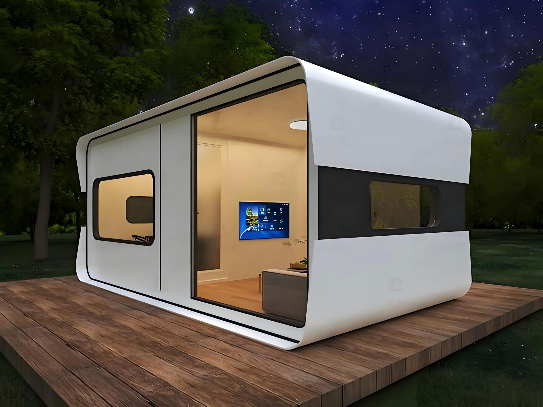 Domicina prefabricated modular building at dusk with warm interior lighting through floor-to-ceiling glass